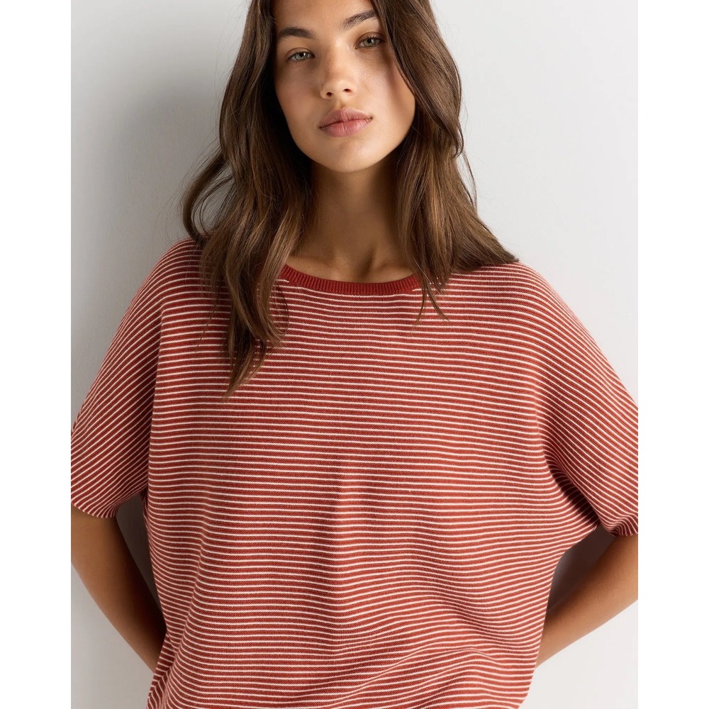 Quince Cotton Cashmere Dolman Sweater Spiced Clay Stripe Size S